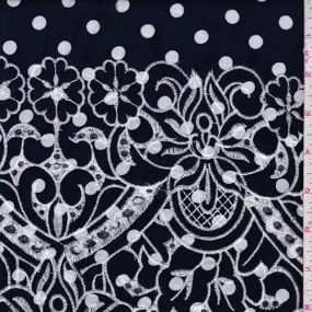 1 YD PC-Dark Navy/White Dot Embroidered Floral Rayon Challis Fabric