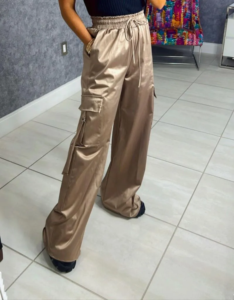 3722 Satin high rise wide leg cargo pants