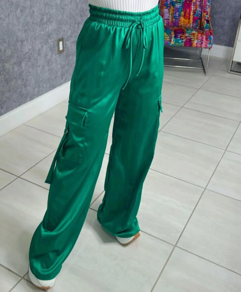 3722 Satin high rise wide leg cargo pants