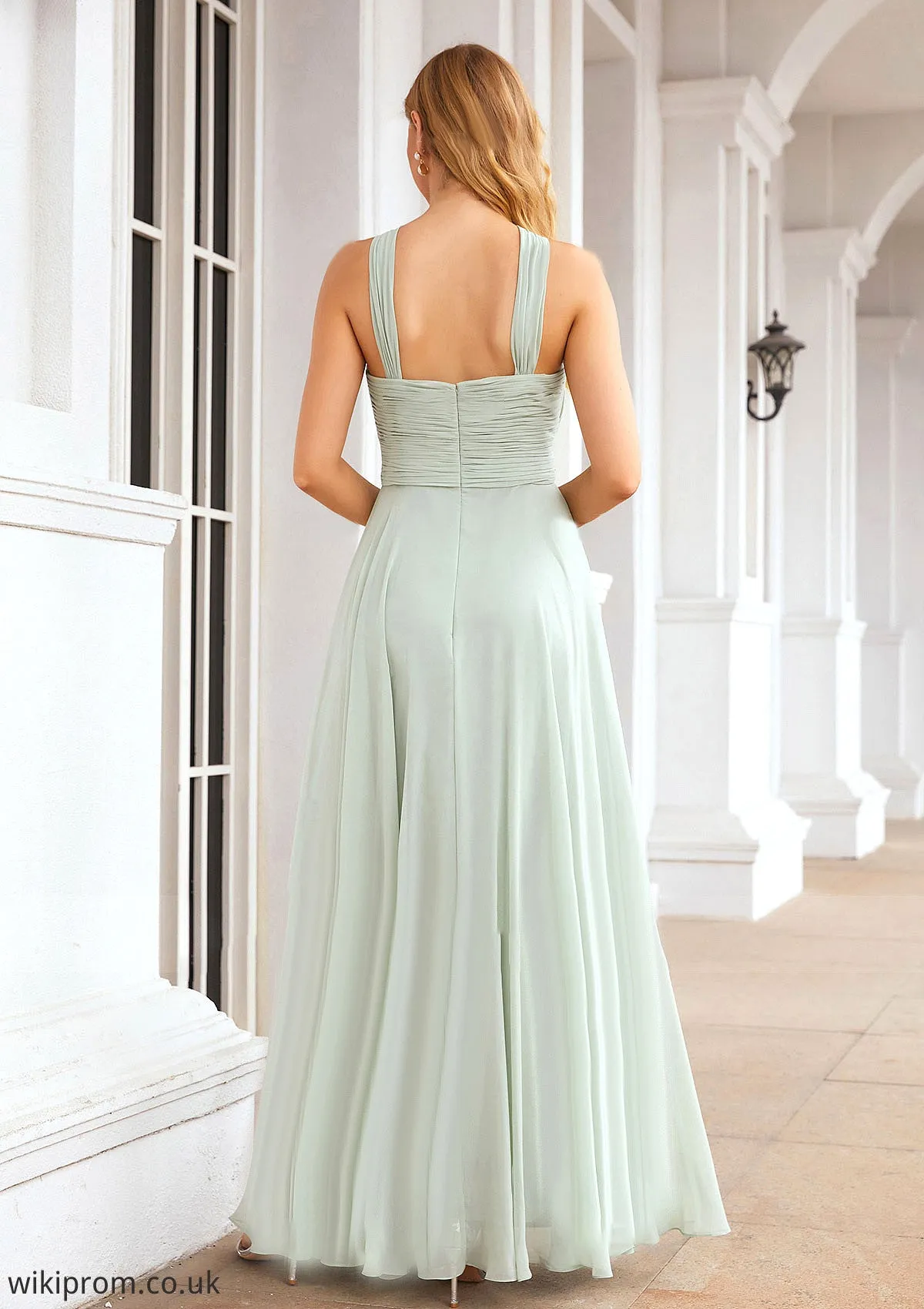 A-line Scalloped Neck Sleeveless Long/Floor-Length Chiffon Bridesmaid Dresses With Pleated Tania SWKP0025366