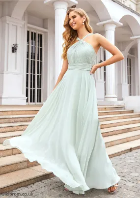 A-line Scalloped Neck Sleeveless Long/Floor-Length Chiffon Bridesmaid Dresses With Pleated Tania SWKP0025366