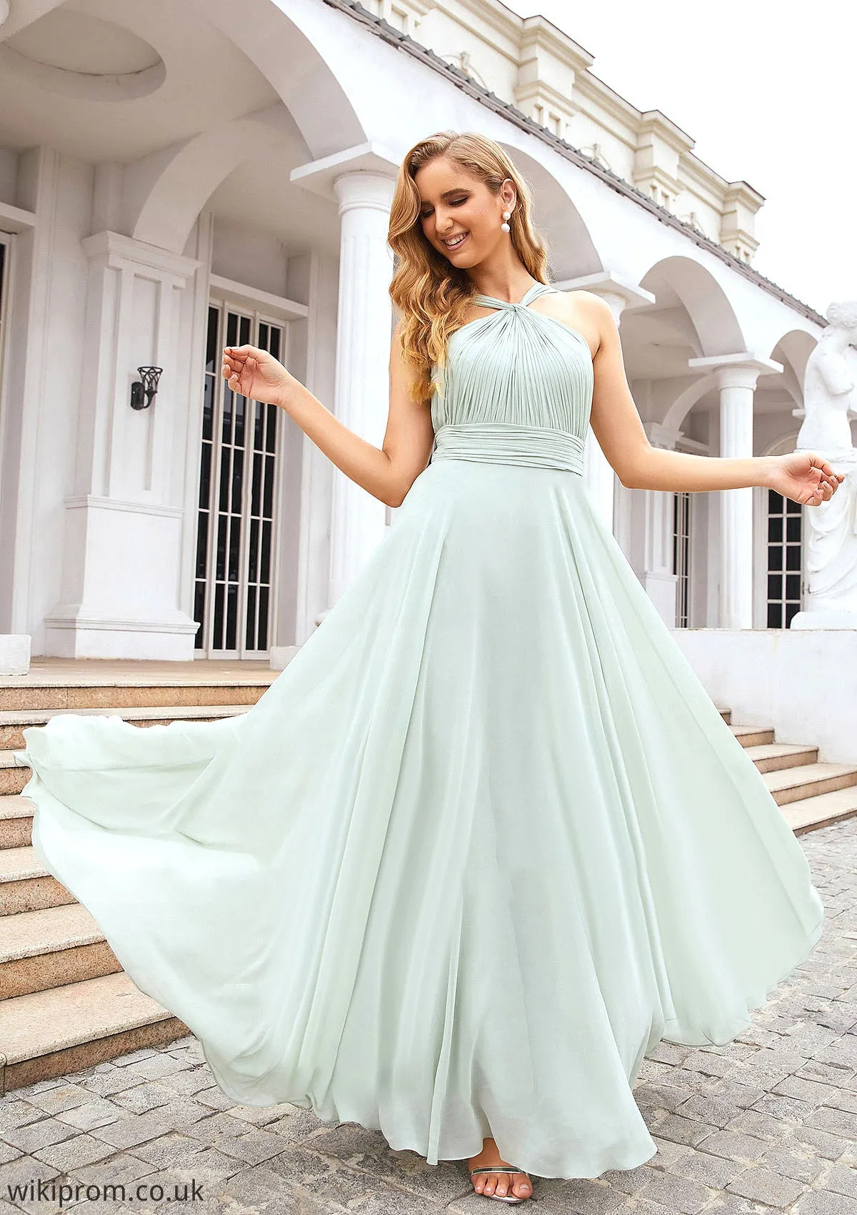 A-line Scalloped Neck Sleeveless Long/Floor-Length Chiffon Bridesmaid Dresses With Pleated Tania SWKP0025366