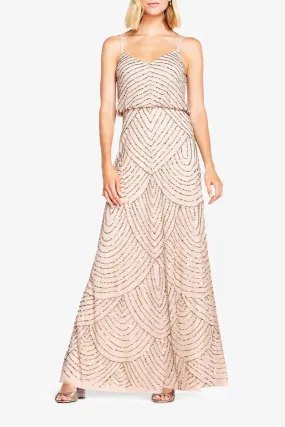 Adrianna Papell Art Deco Beaded Blouson Gown - Taupe Pink