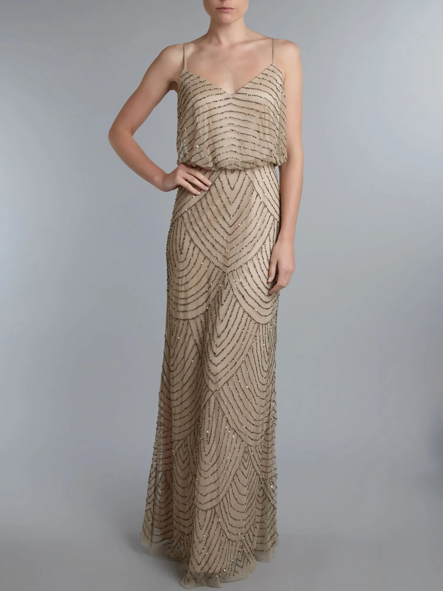 Adrianna Papell Art Deco Beaded Blouson Gown - Taupe Pink