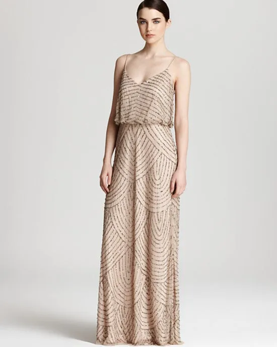 Adrianna Papell Art Deco Beaded Blouson Gown - Taupe Pink