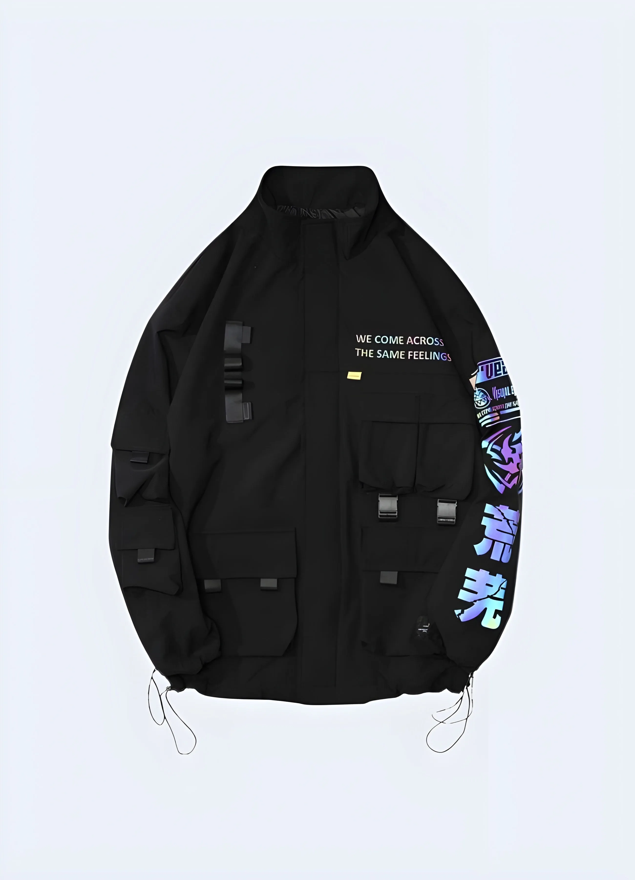 Black Streetwear Cargo Jacket with Reflective Kanji