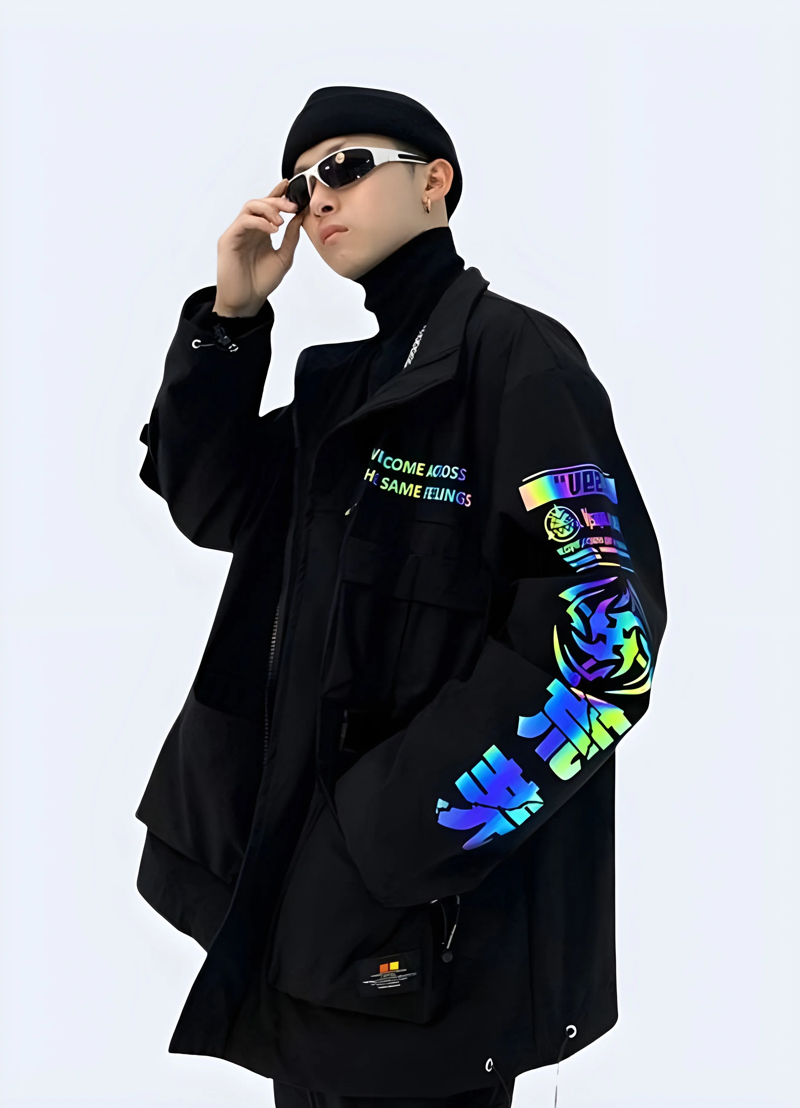 Black Streetwear Cargo Jacket with Reflective Kanji