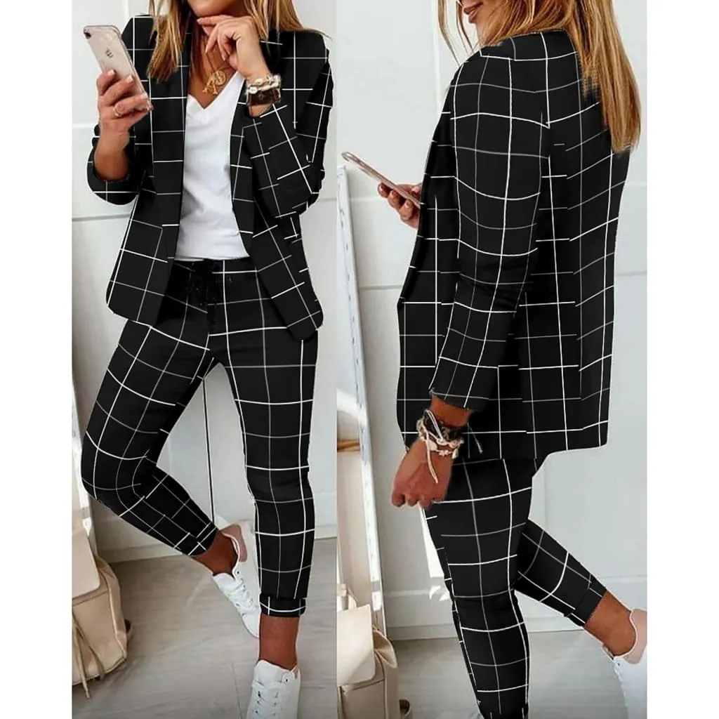 Blazer & Drawstring Skinny Pants Print Set