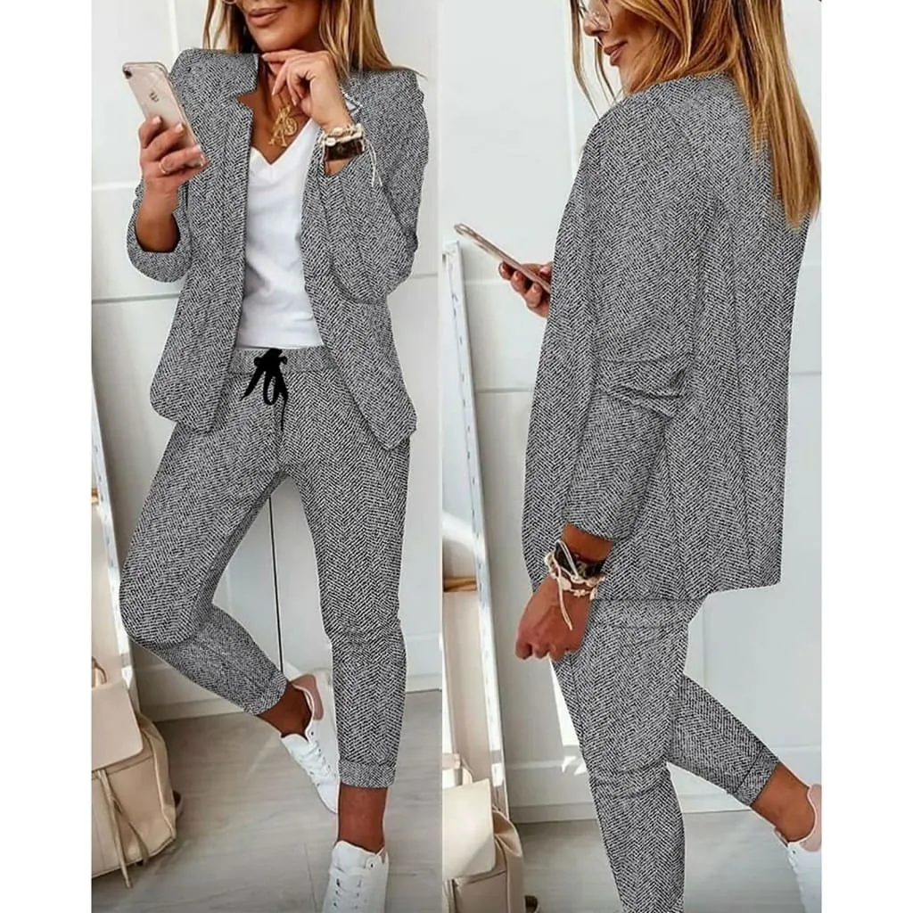 Blazer & Drawstring Skinny Pants Print Set