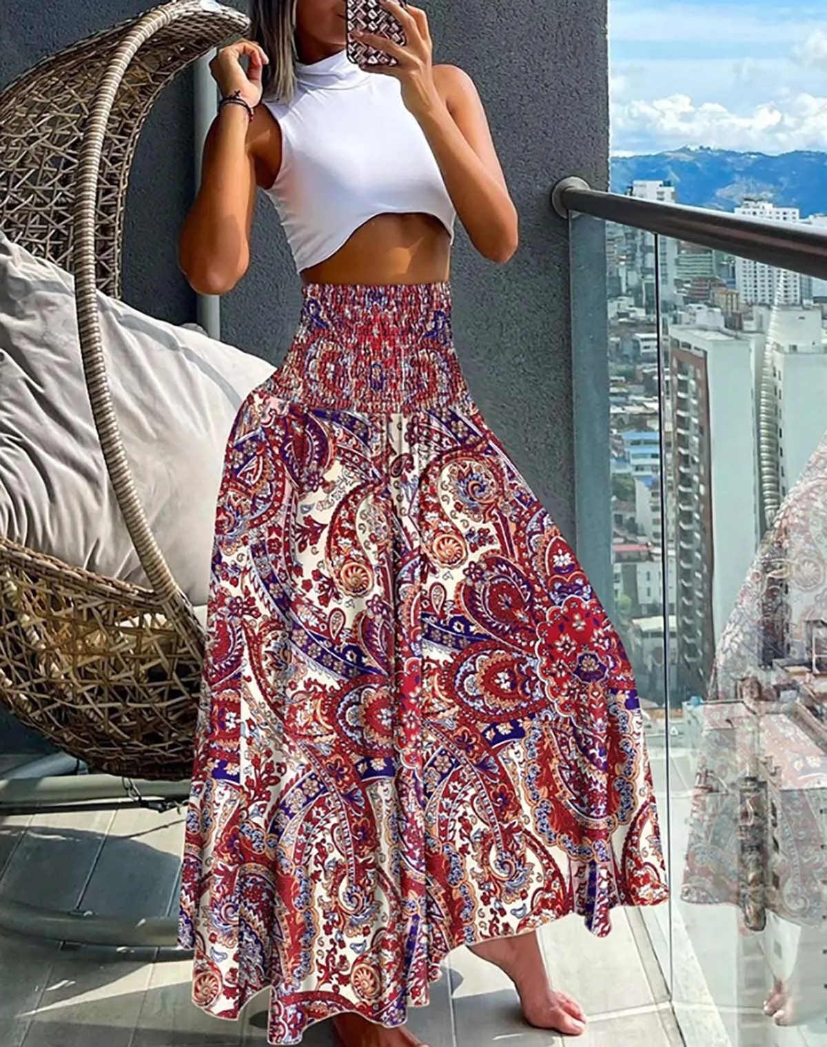 Bohemian Print Elastic Waist Midi Skirt Wholesale Womens Clothing N3824052000039