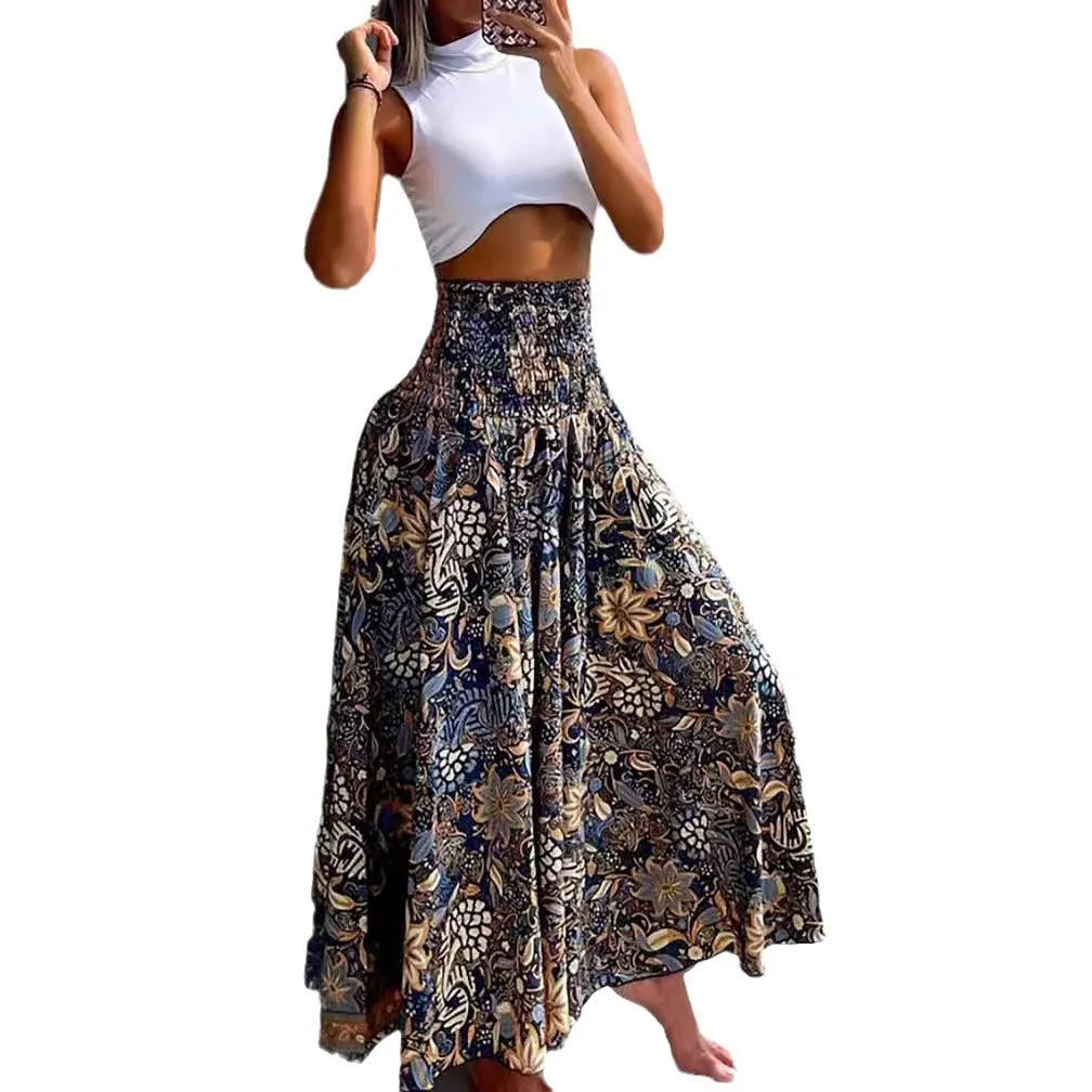 Bohemian Print Elastic Waist Midi Skirt Wholesale Womens Clothing N3824052000039