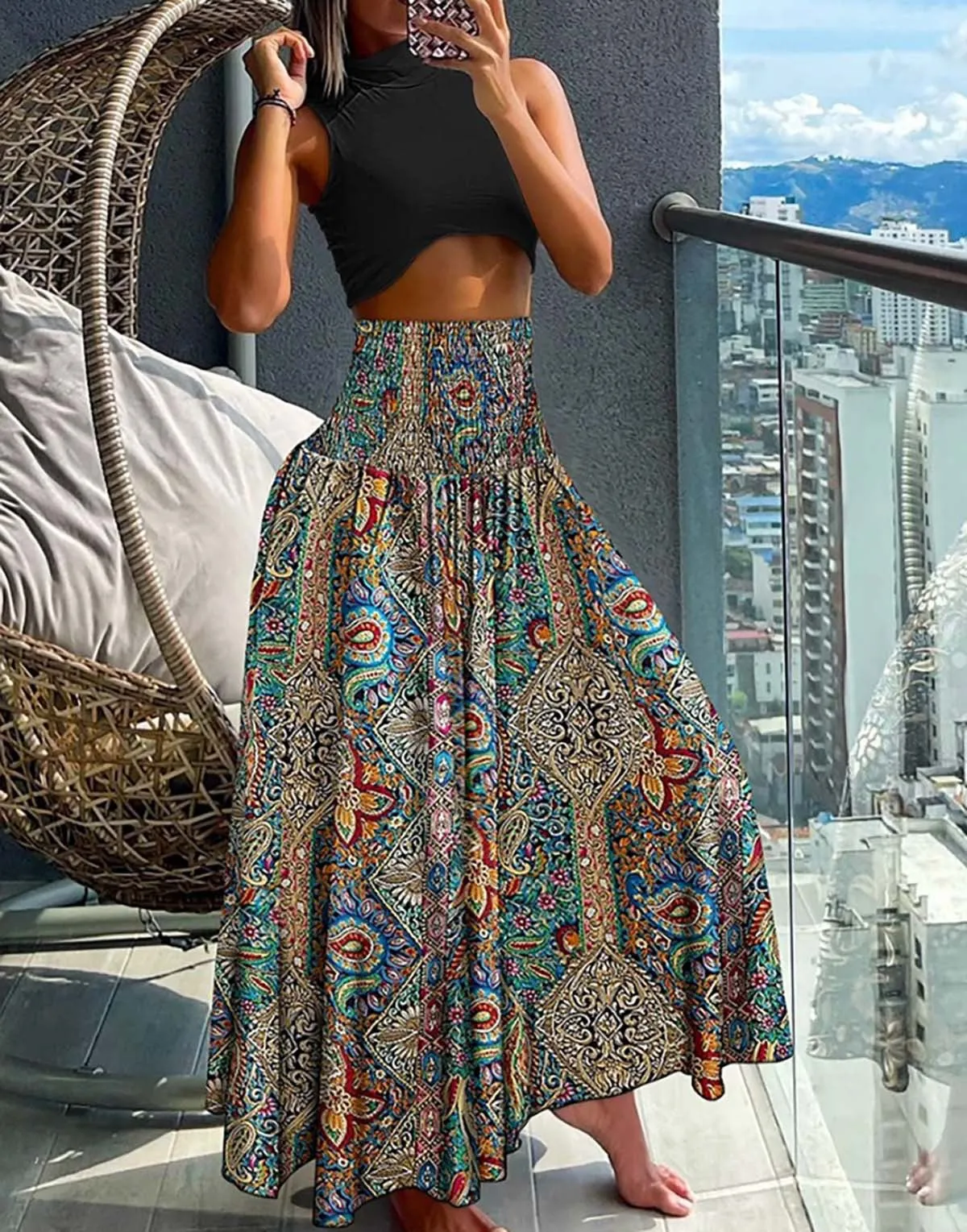 Bohemian Print Elastic Waist Midi Skirt Wholesale Womens Clothing N3824052000039