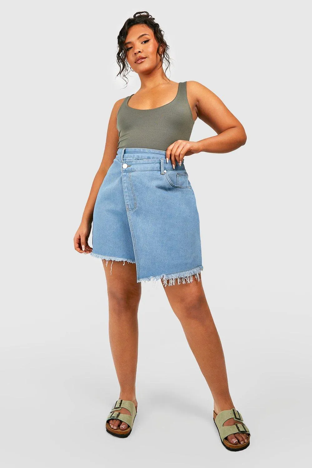 Boohoo Plus Wrap Denim Skirt, Blue