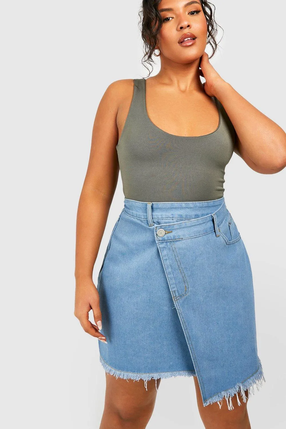 Boohoo Plus Wrap Denim Skirt, Blue