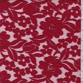 Cranberry Embroidered Floral Tulle Fabric