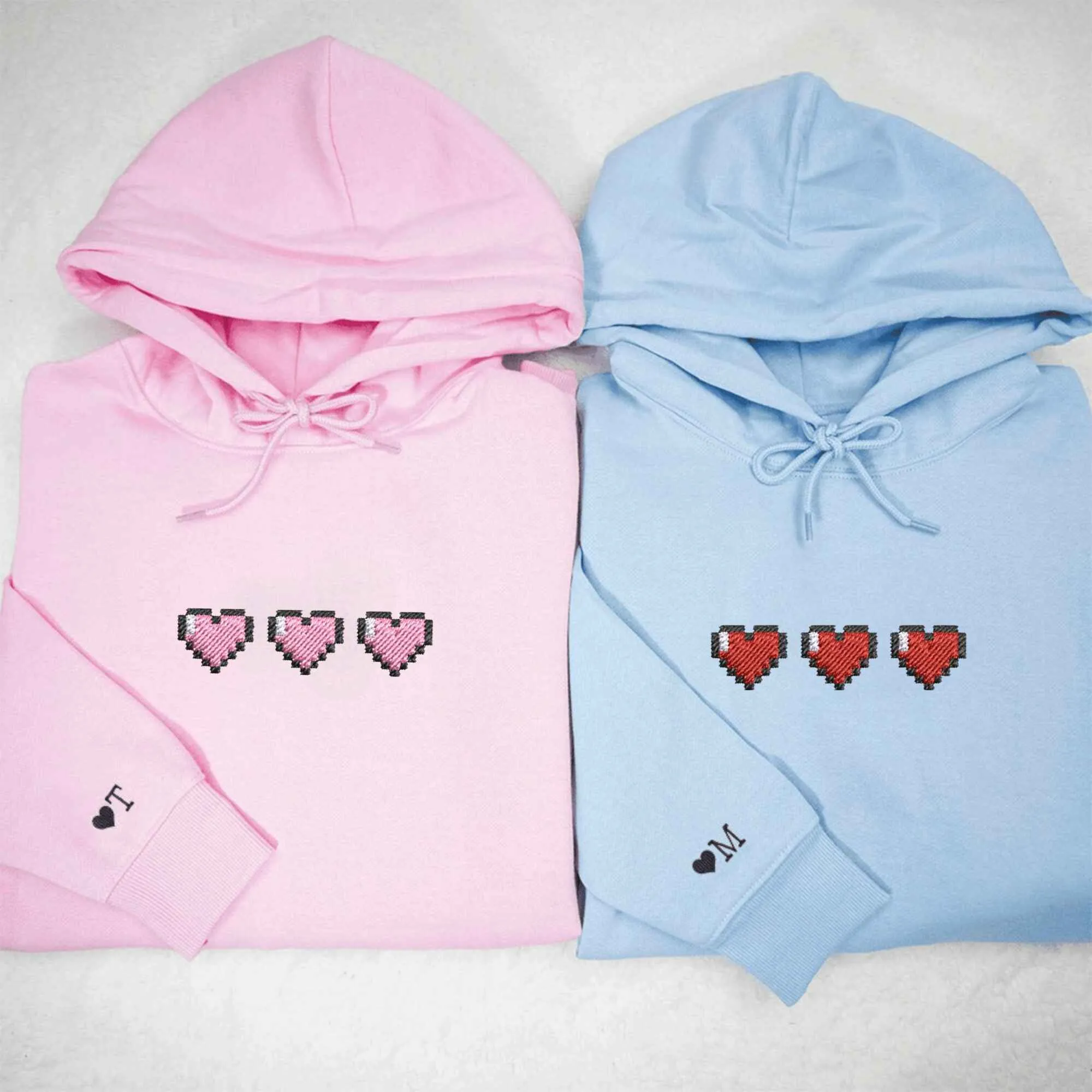 Custom Embroidered Pixel Heart Matching Hoodies for Couples | Gamer Love Design