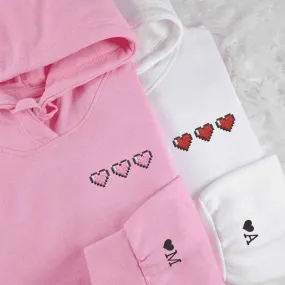 Custom Embroidered Pixel Heart Matching Hoodies for Couples | Gamer Love Design