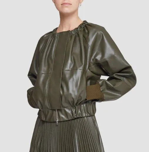 Dark Olive Vegan Leather Ruched Utility Jacket