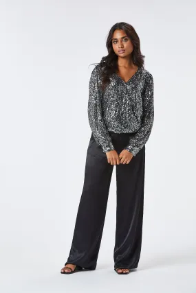 ELSIE WRAP SEQUIN BLOUSE (GREY)