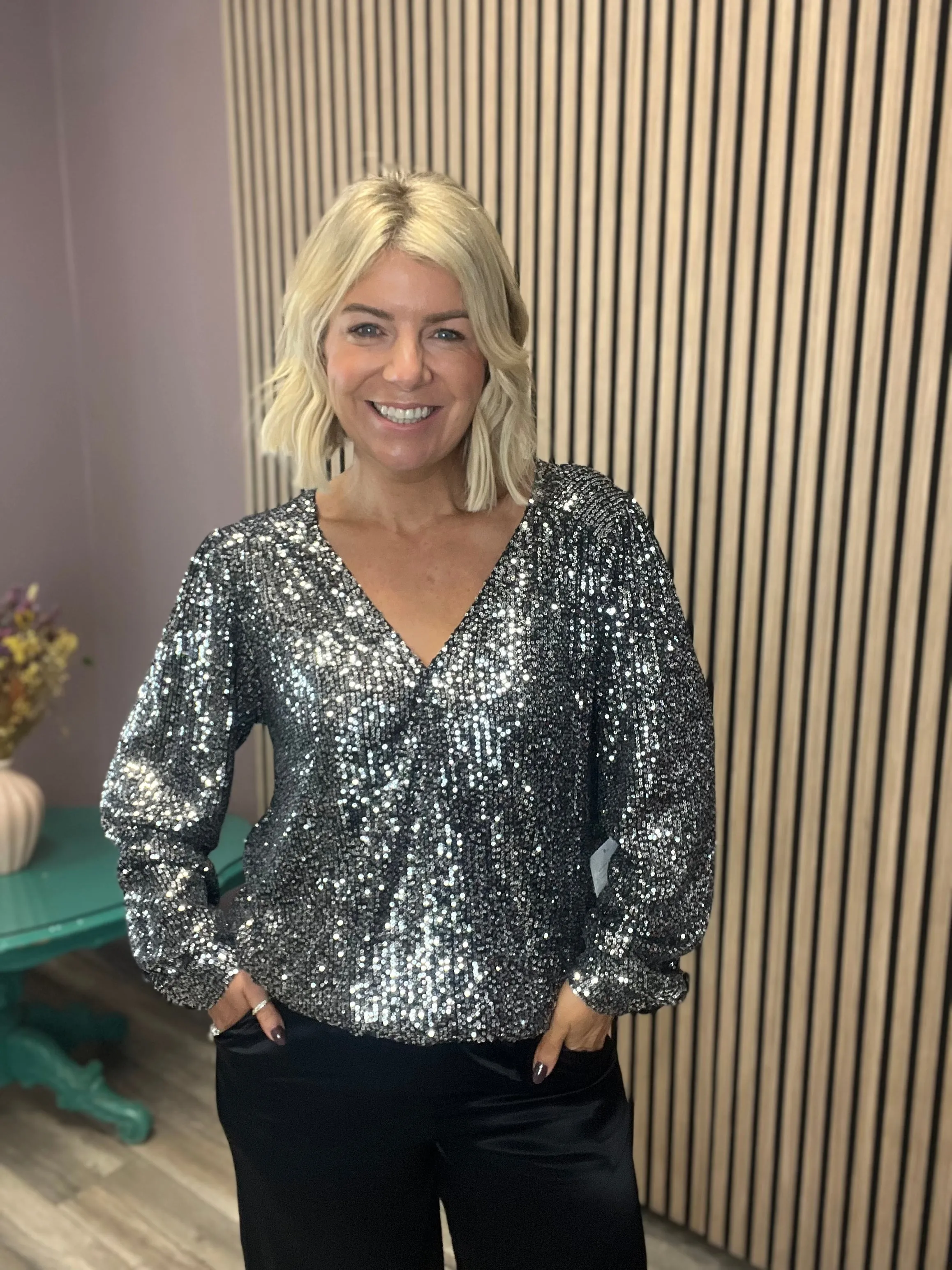 ELSIE WRAP SEQUIN BLOUSE (GREY)