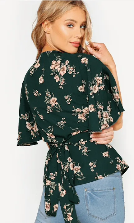 FLORAL BOUQUET WRAP TOP