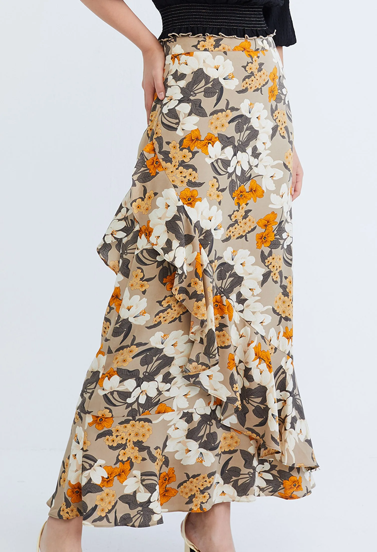 Floral Flutter Asymmetrical Maxi Wrap Skirt