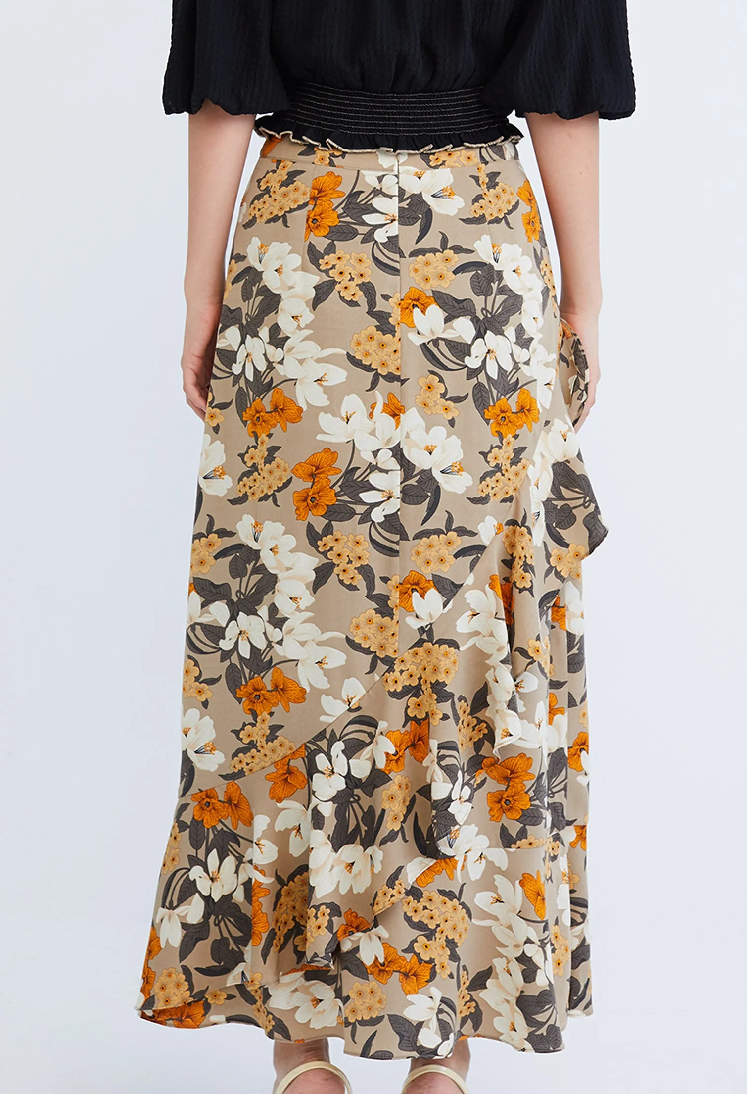 Floral Flutter Asymmetrical Maxi Wrap Skirt