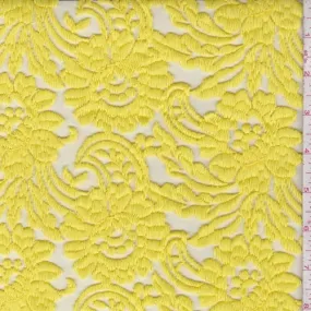 Lemon Yellow Embroidered Stylized Floral Tulle Fabric