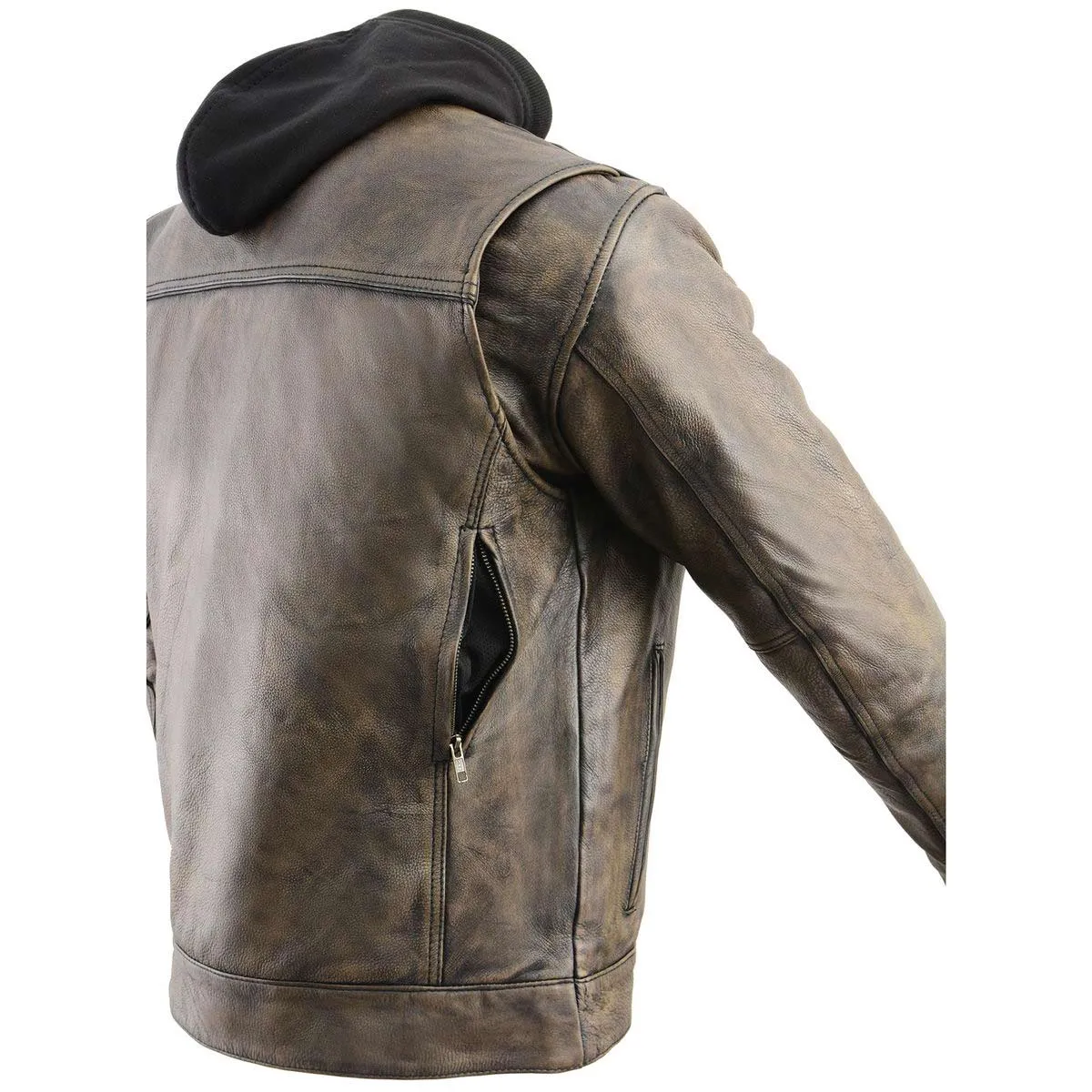 Milwaukee Leather MLM1538 Men's Distressed Brown Leather ‘Utility Pocket’ Vented Jacket with Removable Hoodie