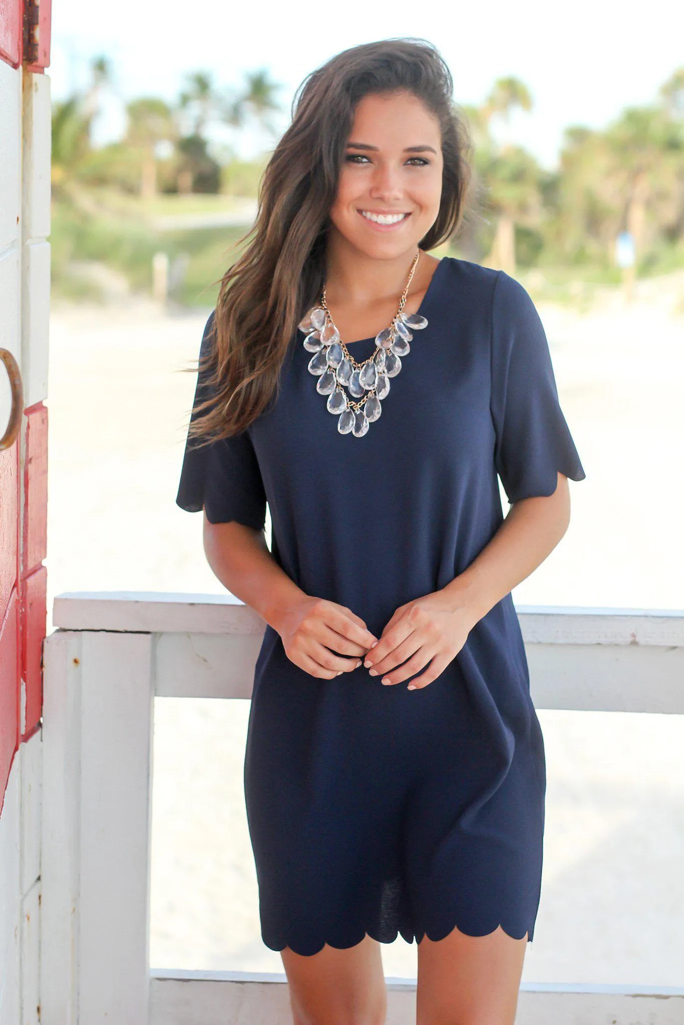 Navy Short Dress with Scalloped Hem