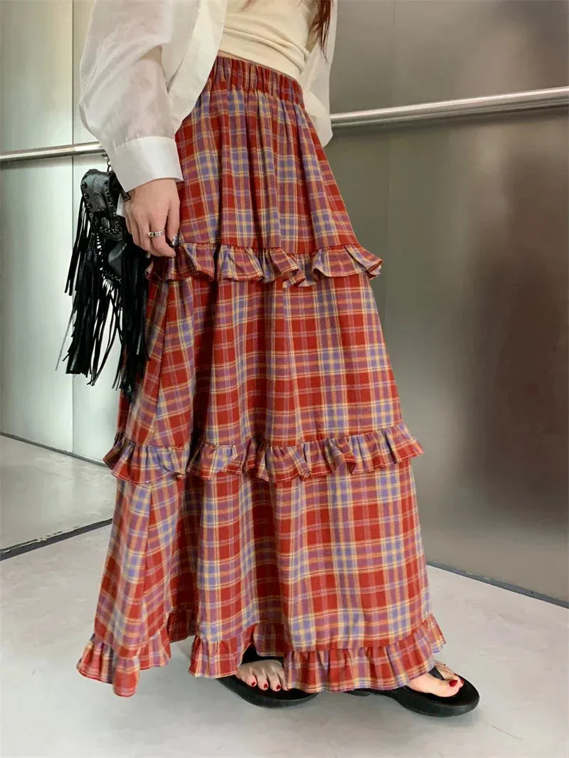 Plaid Maxi Skirt with Ruffle Trim and Elastic Waist