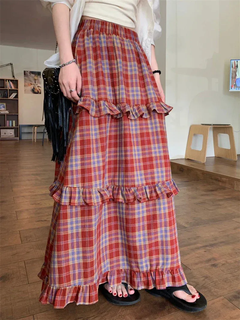 Plaid Maxi Skirt with Ruffle Trim and Elastic Waist