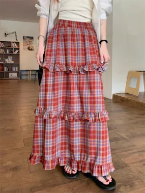 Plaid Maxi Skirt with Ruffle Trim and Elastic Waist