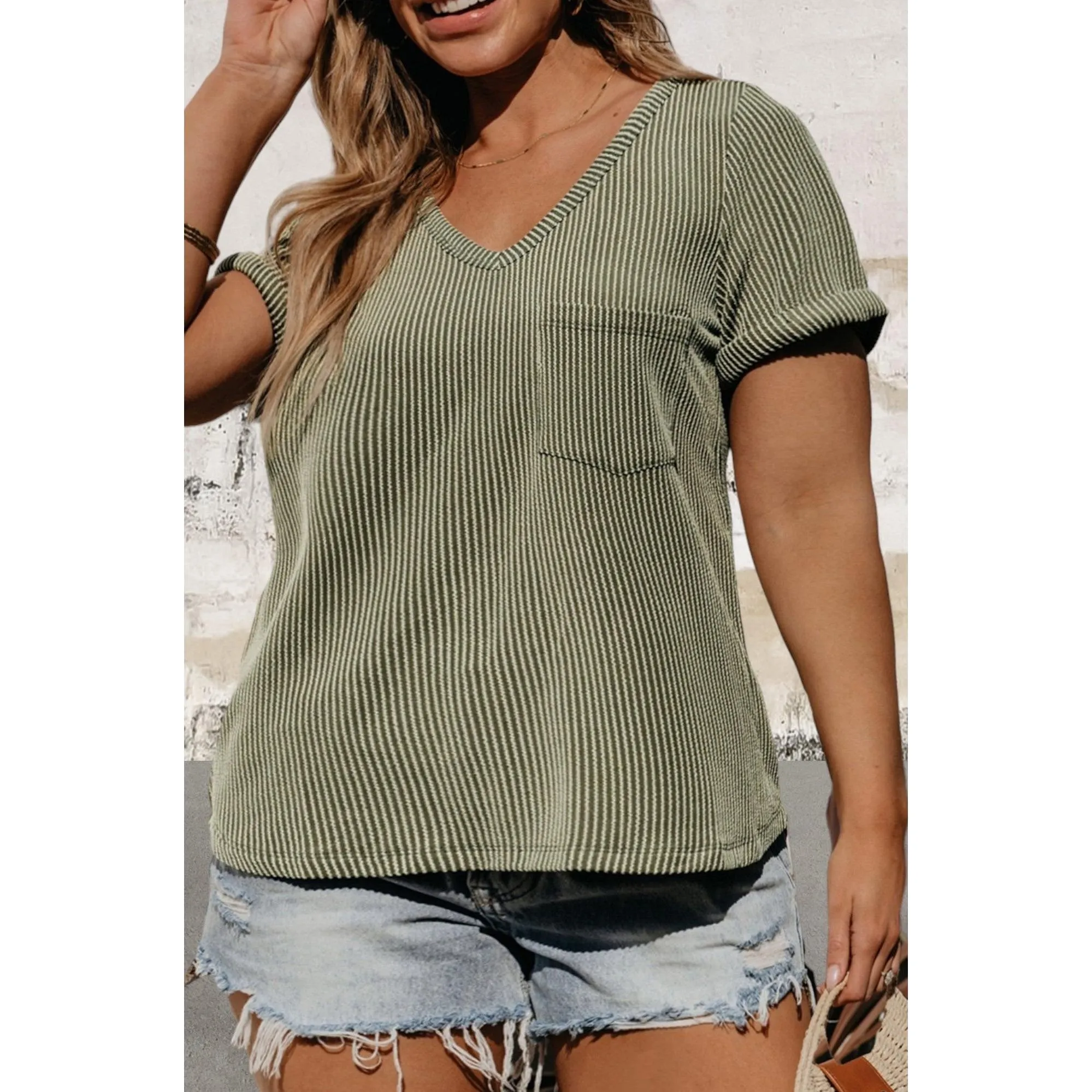 Plus Size V Neck Patch Pocket Top