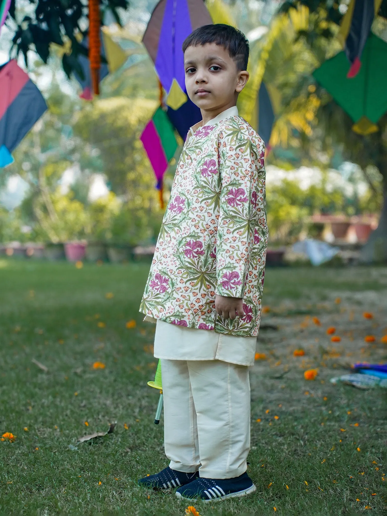 Printed Long Jacket Kurta Pant Set for Boys - Cream