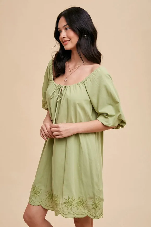 Puff Sleeve Embroidered Cotton Modal Dress Moss