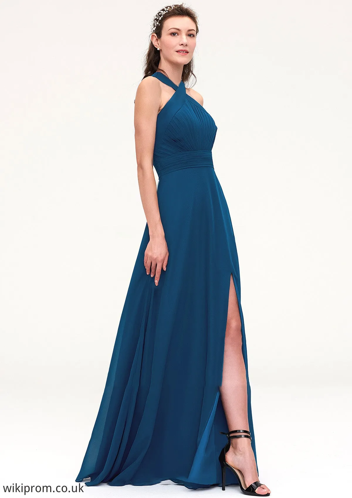 Scalloped Neck Sleeveless A-line/Princess Chiffon Long/Floor-Length Bridesmaid Dresseses With Split Pleated Stacy SWKP0025424