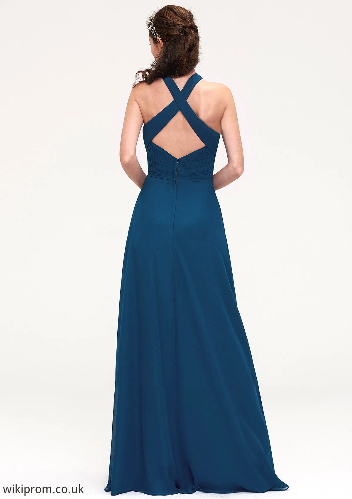 Scalloped Neck Sleeveless A-line/Princess Chiffon Long/Floor-Length Bridesmaid Dresseses With Split Pleated Stacy SWKP0025424