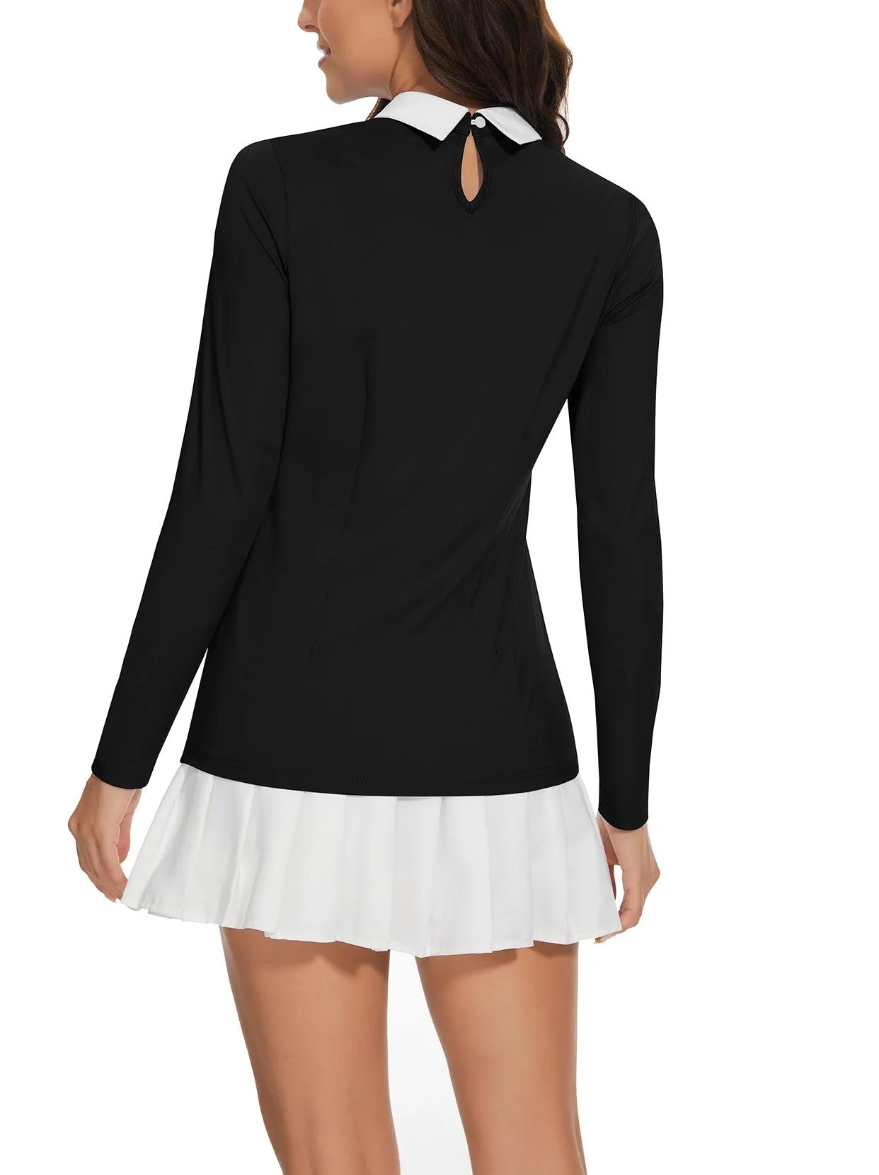 Solid Black Crew Neck Collared Long-sleeve Golf Polo Shirt For Women