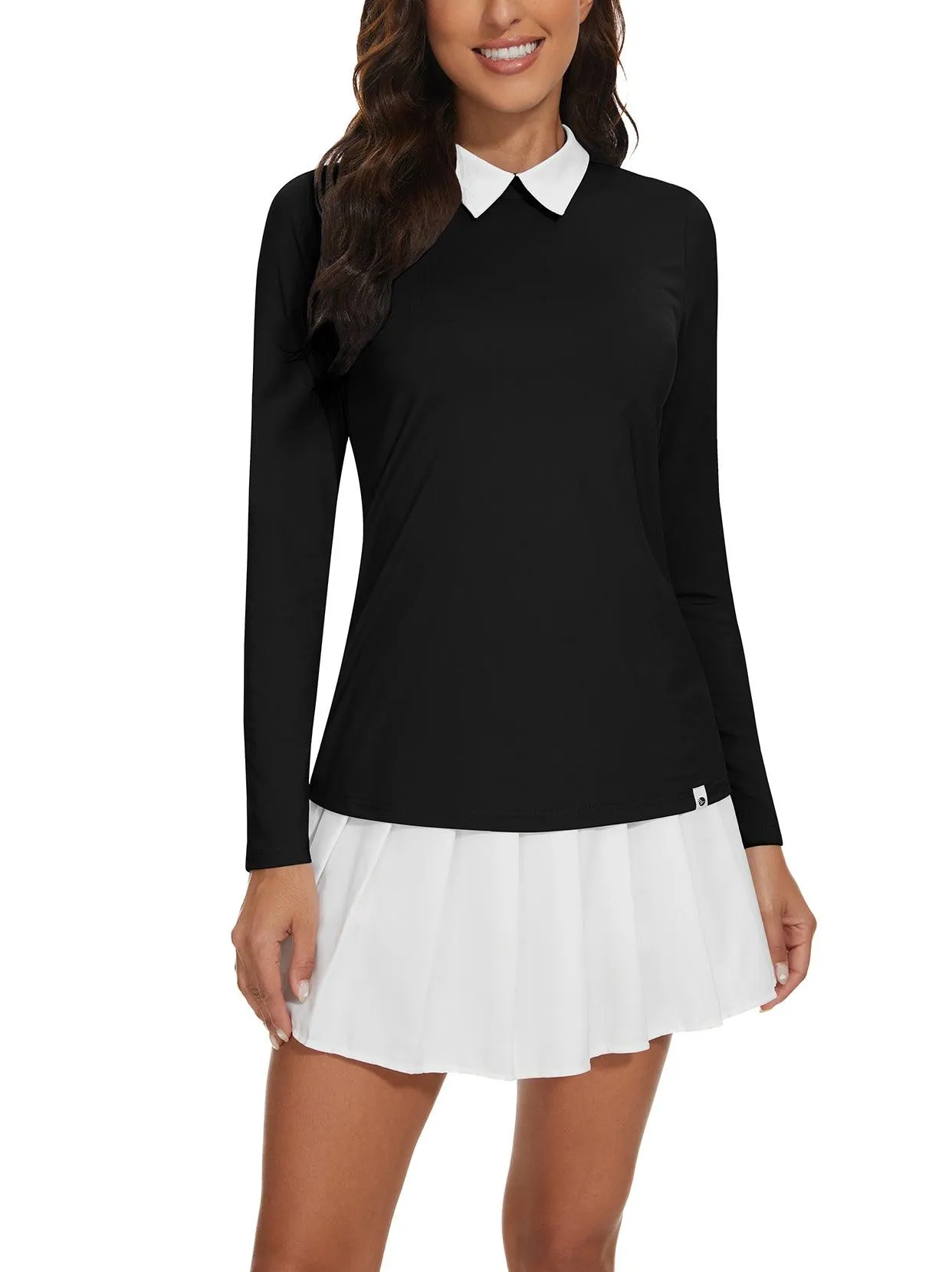 Solid Black Crew Neck Collared Long-sleeve Golf Polo Shirt For Women