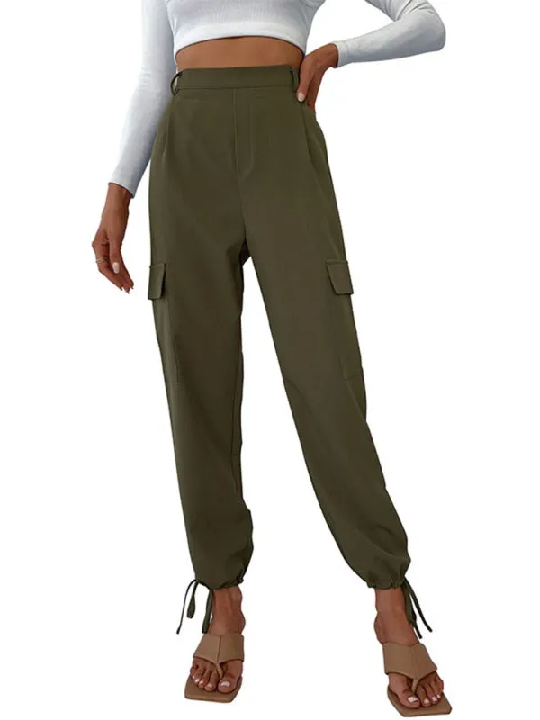 Solid High-Rise Ankle-Tie Pencil Cargo Pants