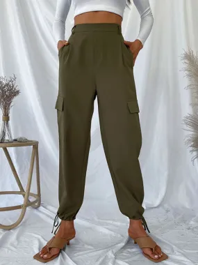 Solid High-Rise Ankle-Tie Pencil Cargo Pants