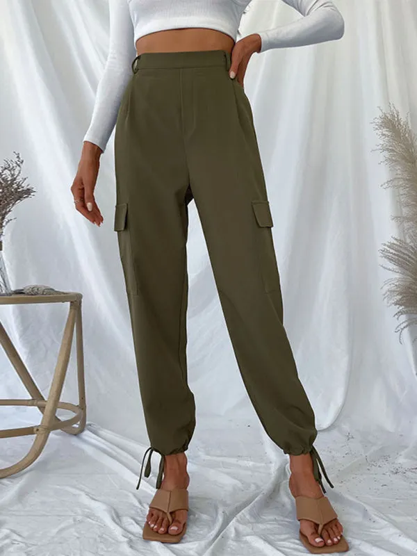 Solid High-Rise Ankle-Tie Pencil Cargo Pants