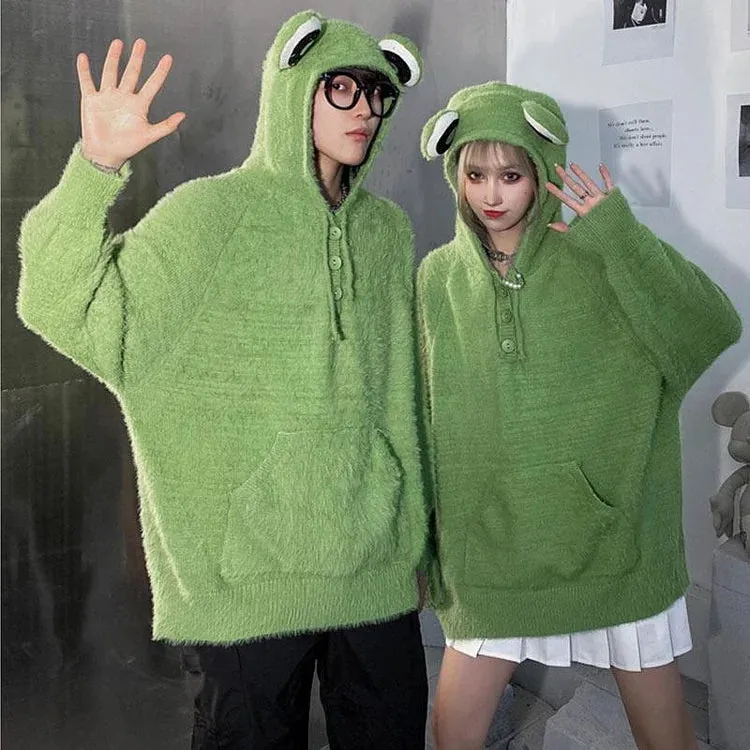 Sweet Serenade: Girlfriend Boyfriend Frog Knit Hoodie - Because Comfort Should be Cute! 🎶🌟