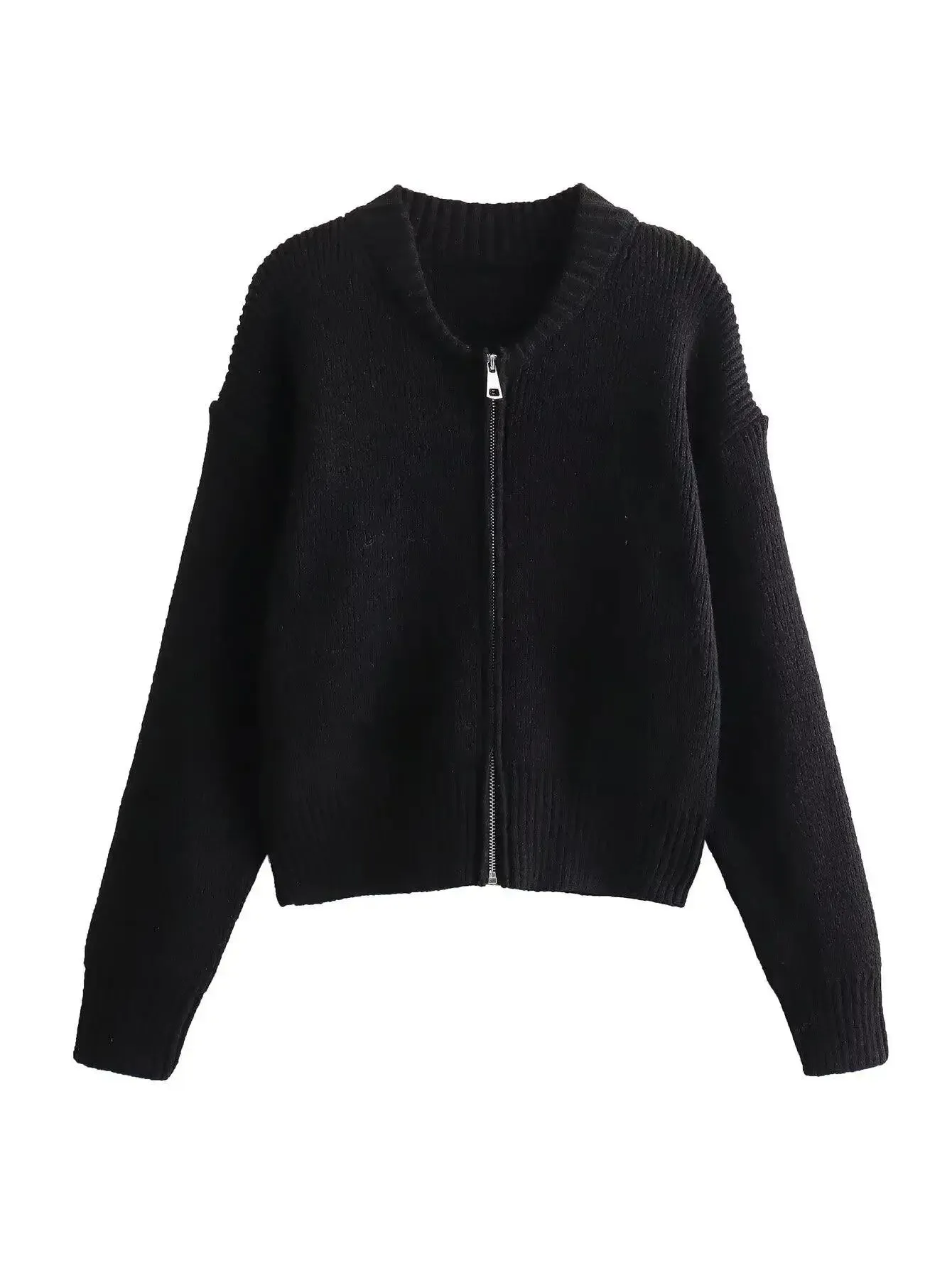 TAVIMART  -  Casual V-neck Women's Zipper Knitted Cardigans Fashion Solid Long Sleeve Short Thicken Sweater Fall Lady Commute Outerwears