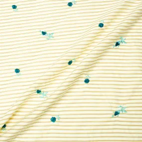 Teal Floral Embroidered Yellow & Grey Striped Cotton