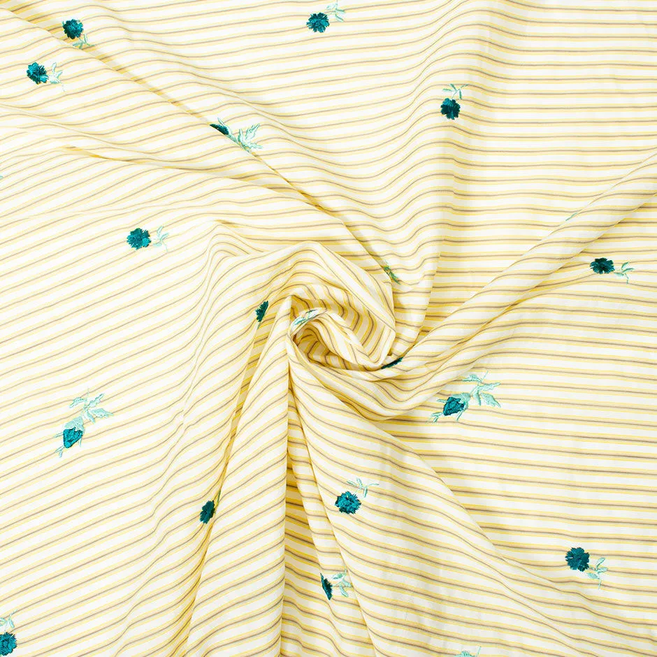 Teal Floral Embroidered Yellow & Grey Striped Cotton