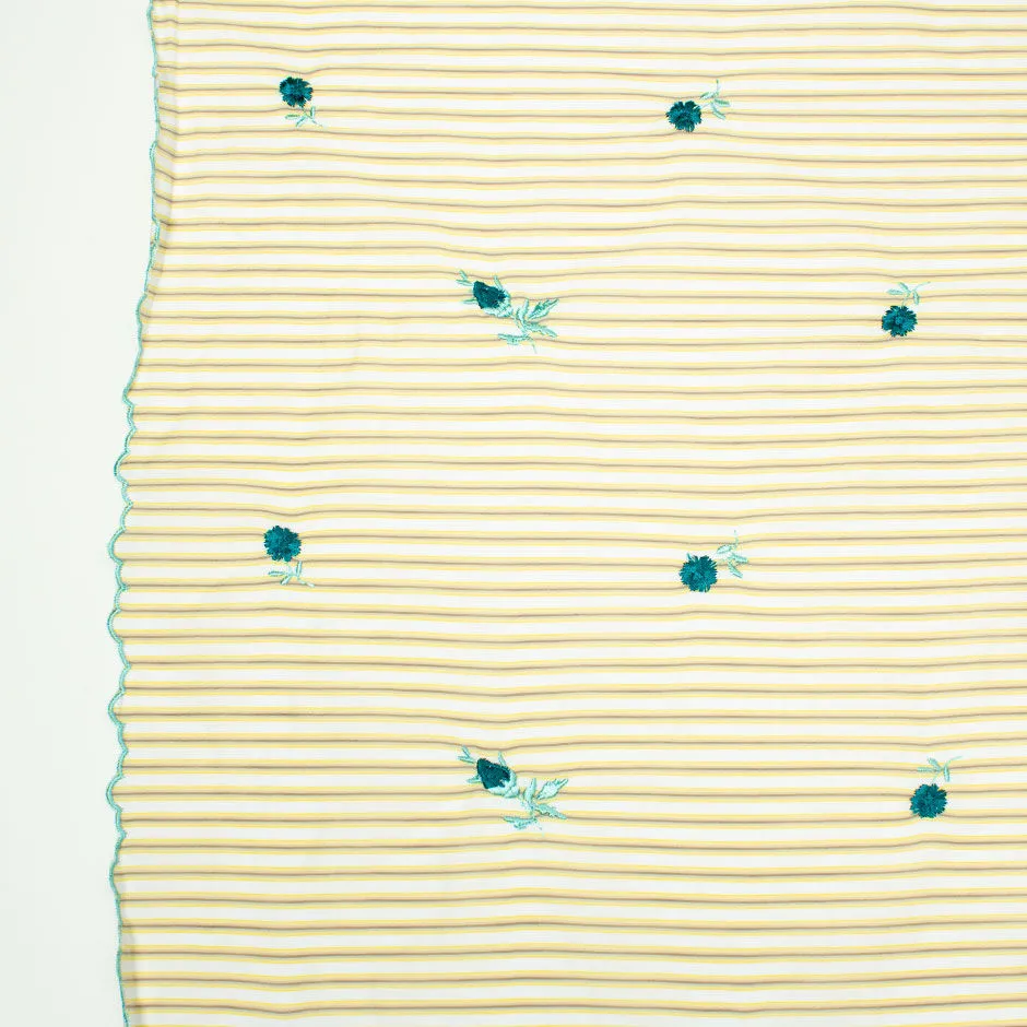 Teal Floral Embroidered Yellow & Grey Striped Cotton