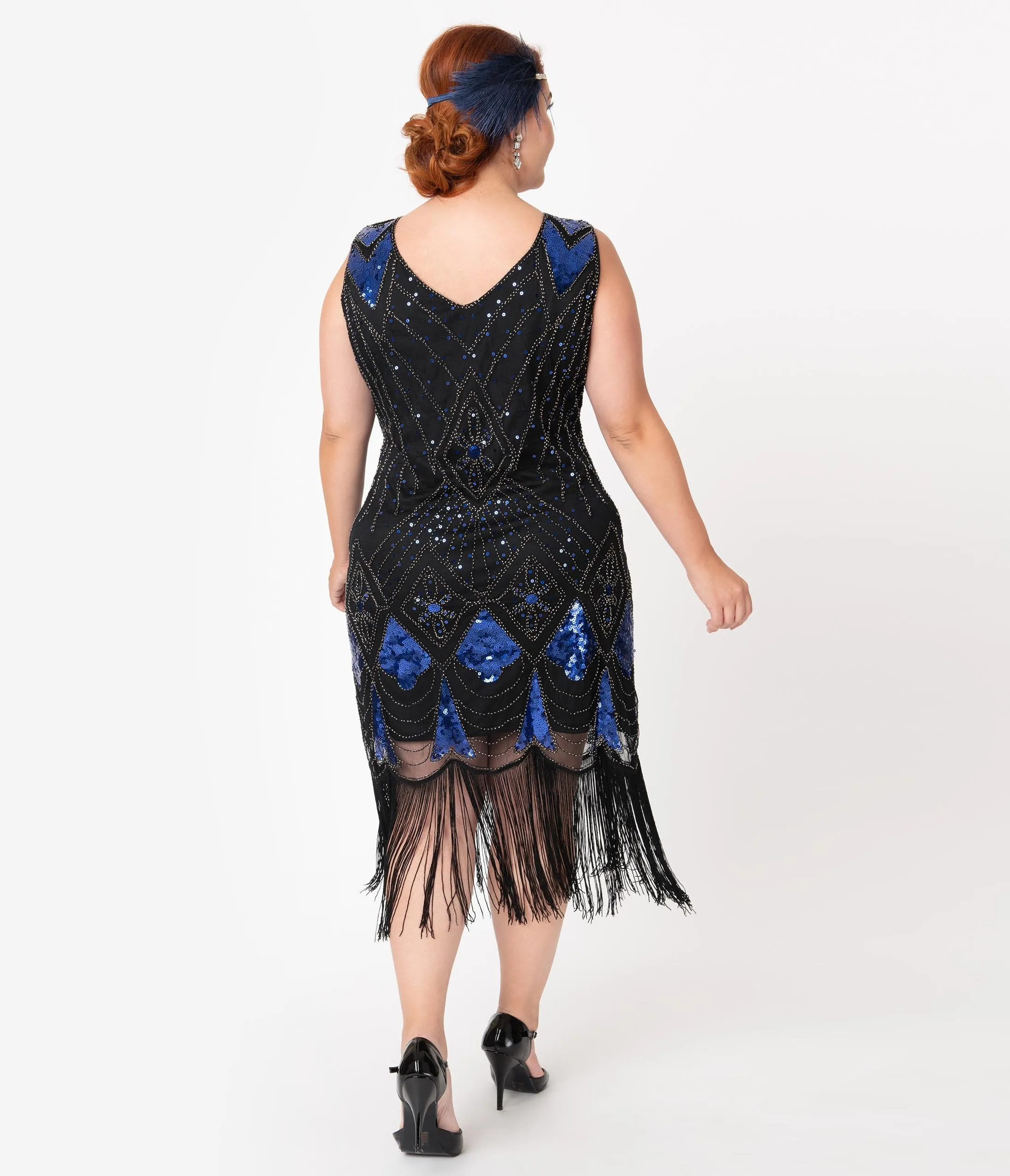 Unique Vintage Plus Size Black & Blue Sequin Lina Fringe Flapper Dress