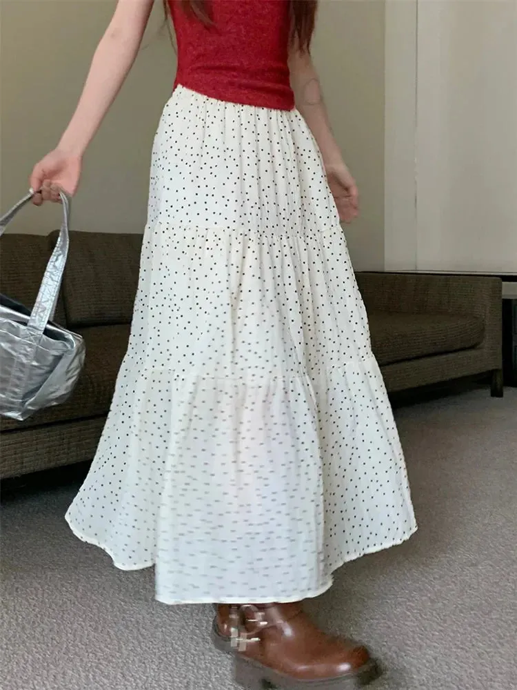 Vintage Polka Dot Holiday Ruffle Hem Long Skirt